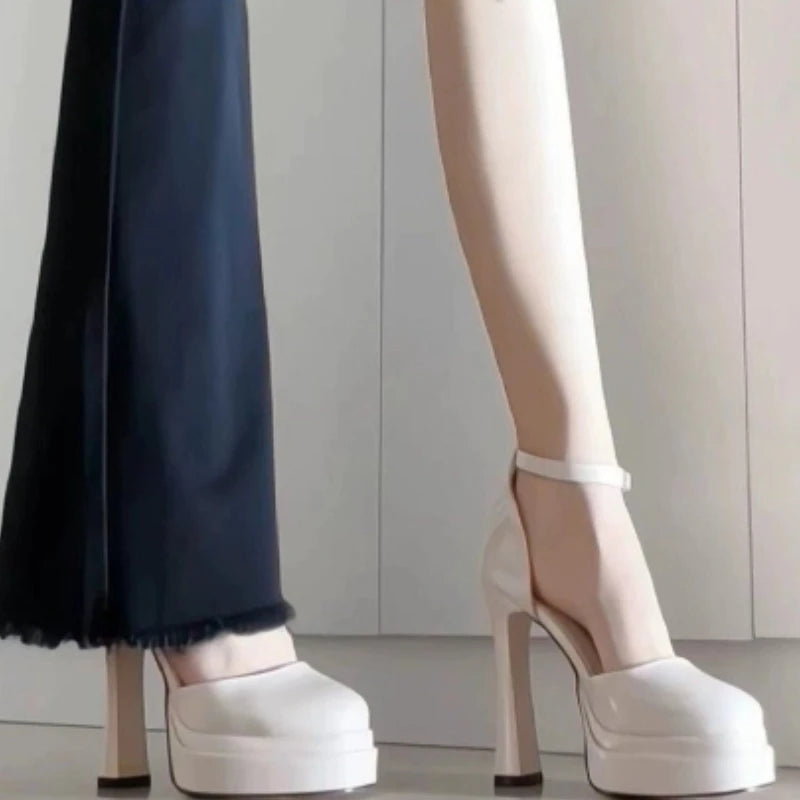 Waterproof platform high heels women's summer buckle patent leather thick-heeled shoes 11cm white high-heeled sandals size 35-42