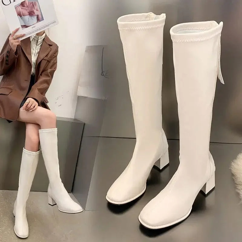 Women's Ankle-Length Knight Boots White over Knee High Boots Spring Autumn Slimming Block Heel Single Boots Rubber Material