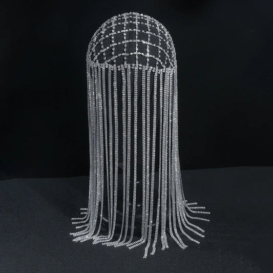 Fashion Boho Cleopatra Long Rhinestone Tassel Headpiece Cap 1920s Flapper Head Chain Gatsby Belly Dance Hair Accessories Women