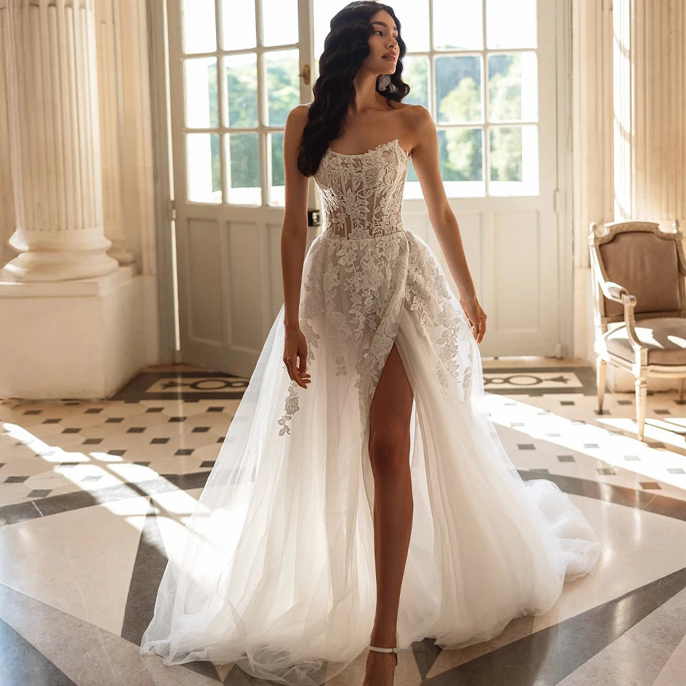 Luxury Scoop Neck A-Line Bridal Gown with Chantilly Lace & Elegant Slit Custom Made 2026 Rode De Morrie