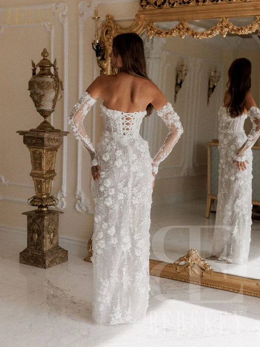 BEBEKEY Customized Luxury White Evening Dress with 3D Beaded Flower Dubai Women Wedding Party Gowns Elegant Prom Dress Robe