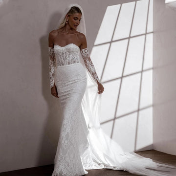 Charming Removeable Sleeves Sweethart Full Lace Mermaid Wedding Dresses Sweep Trian Custom Made Bridal Grown Vestido De Noival