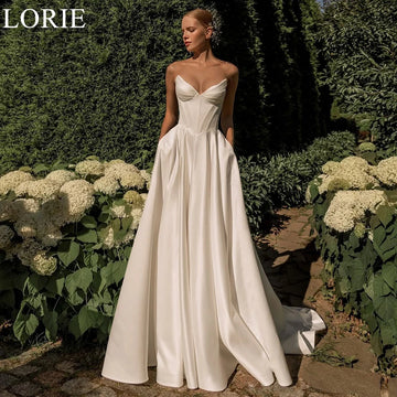 LORIE Elegant Satin Wedding Dresses A-Line Strapless Lace-up V-Neck Pleated Chic Bride Prom Gown Simple Bridal Gowns Customized
