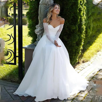 Shiny Beades Sequined Long Sleeves Pleat Sweetahrt Organza A Line Wedding Dresses Corset Back Bridal Grown 2026 Rode De Morrie