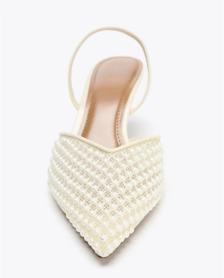 Fashion Woven Mesh Beading Women Pumps Elegant Pointed Toe Stiletto Summer Sandals Sexy Backless Party Heels Zapatos Para Mujer