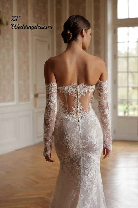 Customized Vintage Lace Mermaid Wedding Breathtaking Off Shoulder Long Sleeves Bridal Gowns Dress Vestido De Novia