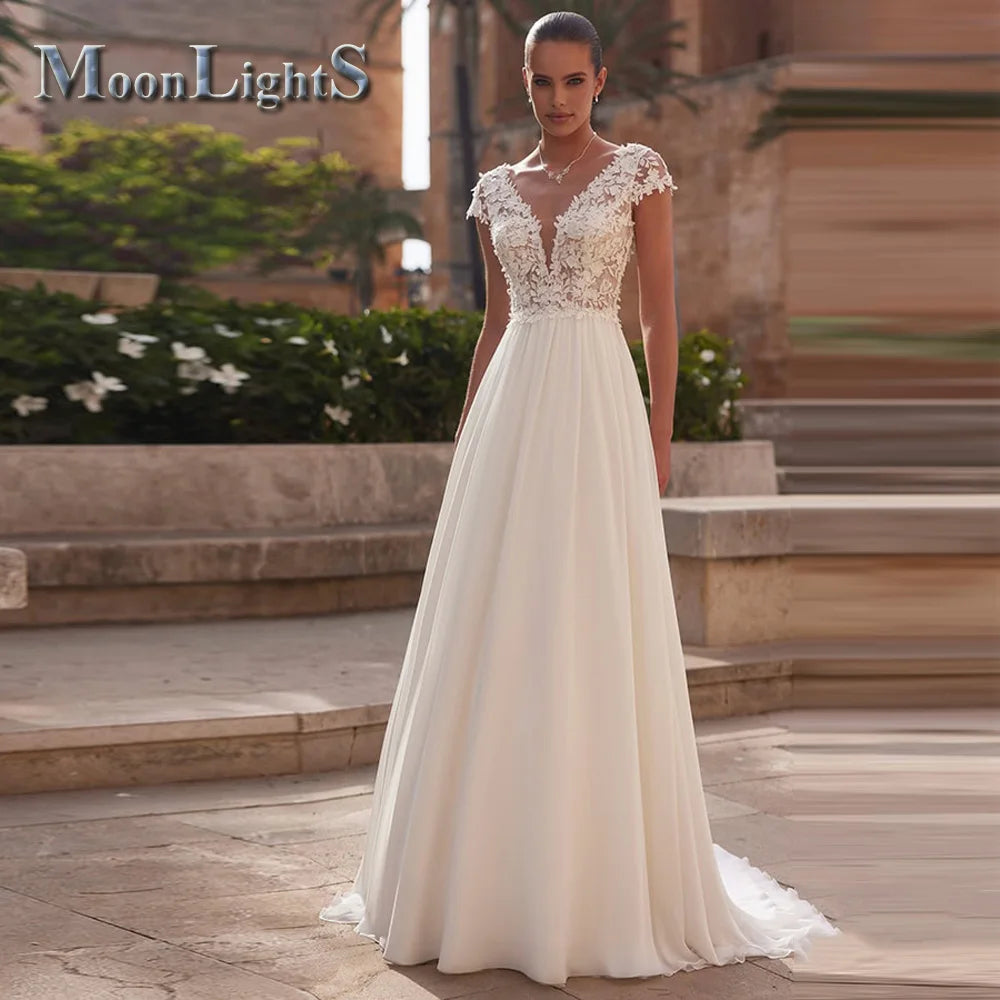 Moonlight Elegant A-line Wedding Dress for Bride Cap Sleeves Appliques Button Chiffon V-neck Vestidos De Novia Customized