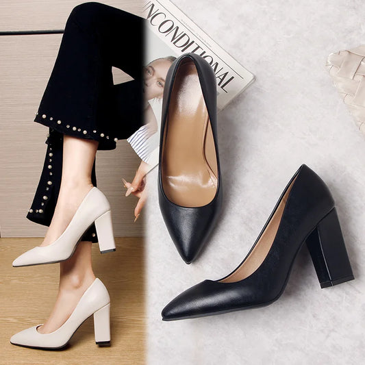Plus Size 35-41 Pumps Square Heel Pointed Toe High Heels Shallow White Wedding Shoes Boat Shoes for Woman Dress Shoes