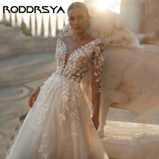 RODDRSYA Customized Luxury Long Sleeves Wedding Dress A Line Applique Lace Scoop Neck Soft Tulle Boho Bridal Gown Sweep Train