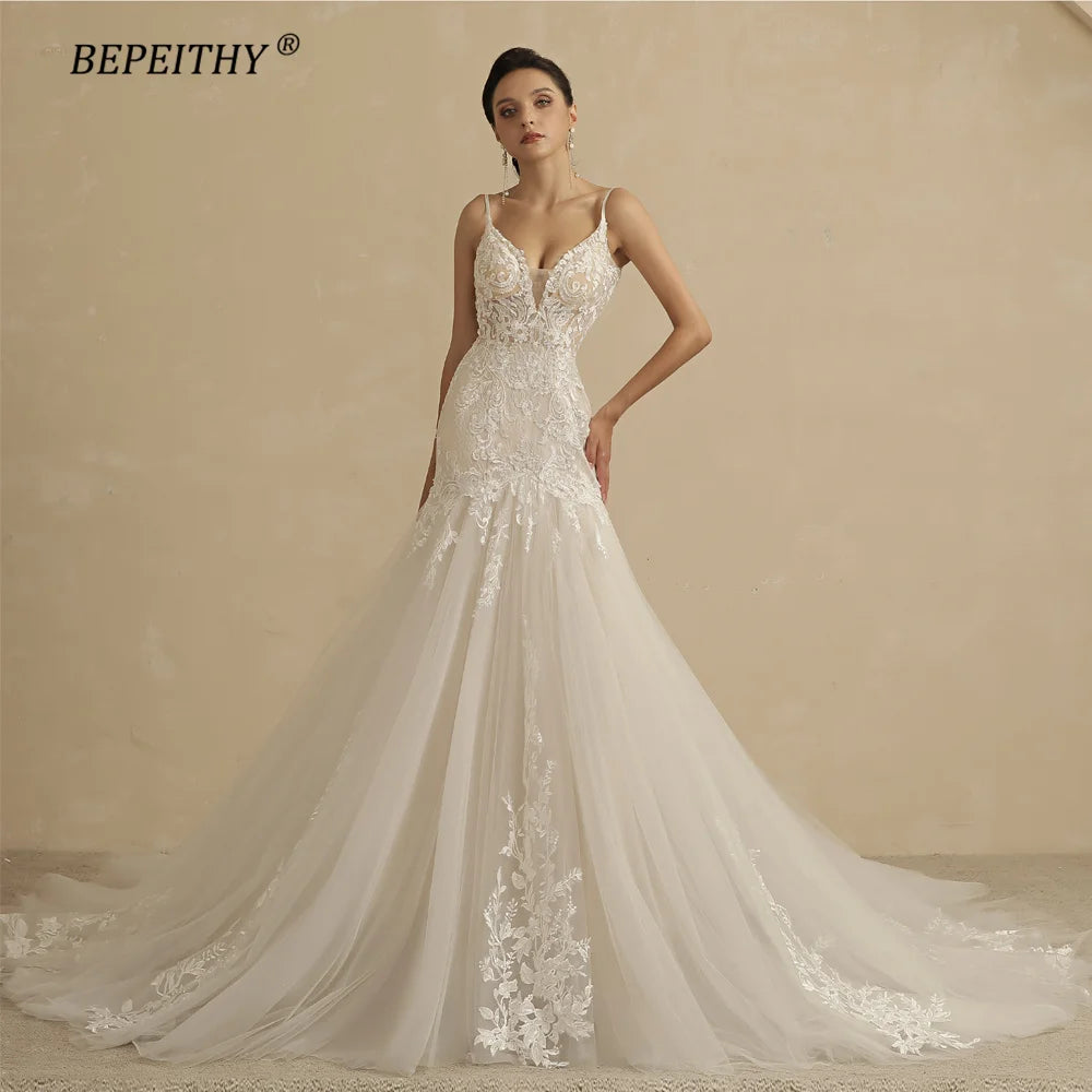 BEPEITHY Customized Sexy Backless Trumpet Lace Wedding Dresses For Women 2022 Bride V Neck Sleeveless Summer Mermaid Bridal Gown