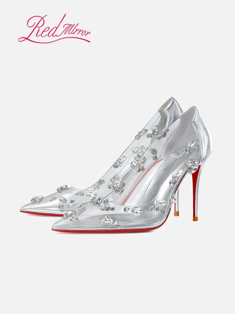 Red Sole Transparent Pointed High Heels for Women Sexy Thin Heel Silver Diamond Crystal Fairy Style Wedding Shoes
