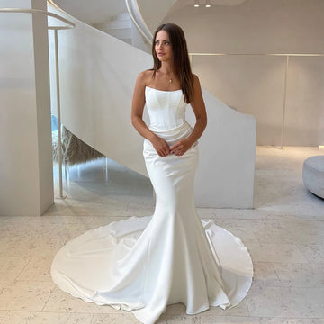 Modern Scoop Neckline Satin Mermaid Wedding Dresses Side Slit Custom Made Bridal Grown 2025 Vestido De Noival