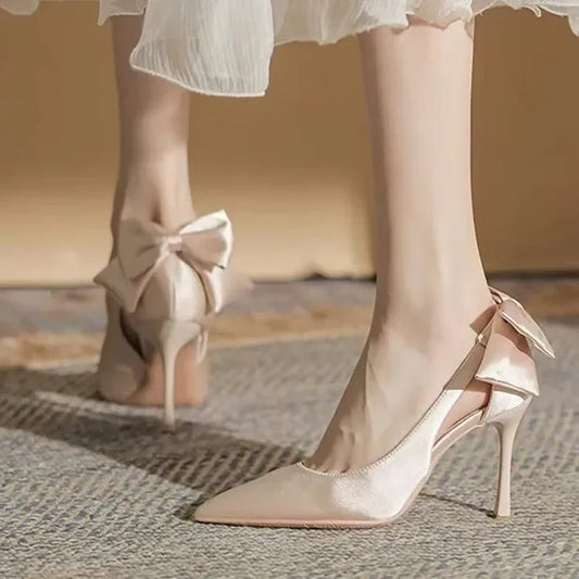 White High Heels Women's Thin Heel Pointed Toe Single Shoes New 2025 Wedding Shoes Butterfly Knot Satin Maids Dress Shoes
