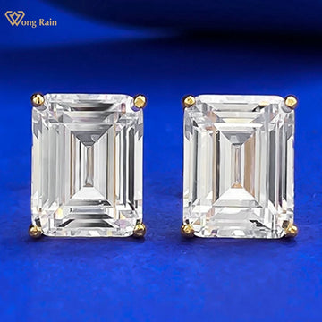 Wong Rain 18K Gold Plated 925 Sterling Silver Emerald Cut 7*9 MM Lab Sapphire Gemstone Ear Studs Earrings Fine Jewelry Wholesale