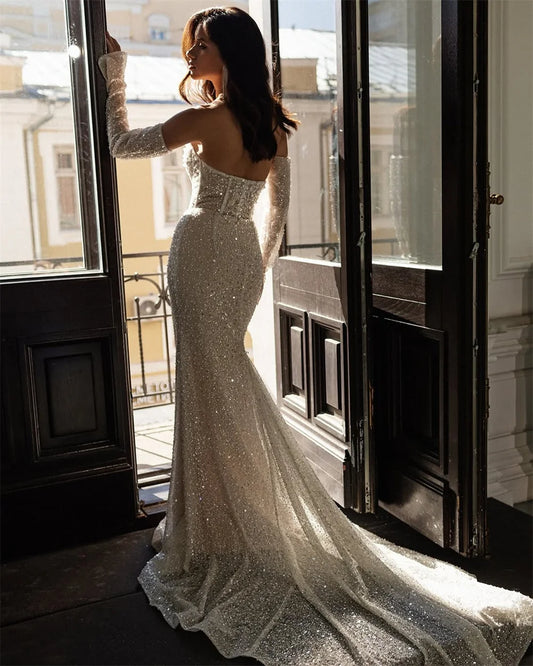 Shiny Beaded Sequined Detachable Long Sleeves Scoop Neckline Sheath/Mermaid Wedding Dresses Sweep Train Custom Made 2026 Vestido