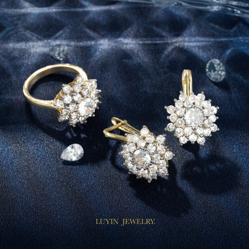 LUYIN Hot Selling Classic Style Flower Shape Earrings Ring Set For Women Copper Plated 14K Gold Wedding Gorgeous  Accessories