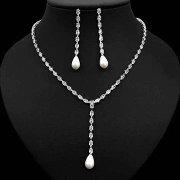 Elegant Cubic Zirconia and Long Drop Pearl Necklace and Drop Earrings Wedding & Part Jewelry Set 2023