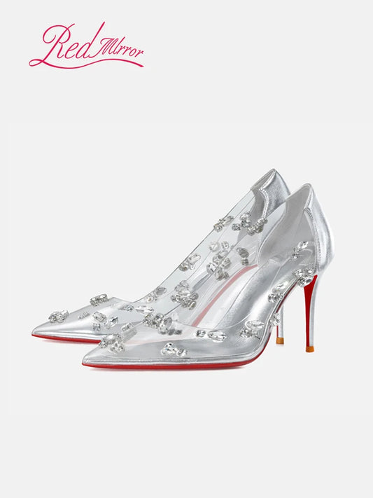 Red Sole Transparent Pointed High Heels for Women Sexy Thin Heel Silver Diamond Crystal Fairy Style Wedding Shoes