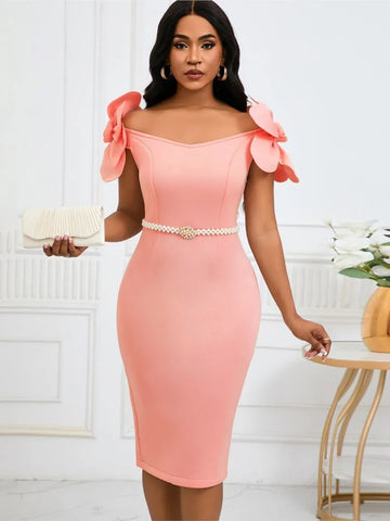 Bodycon party Dresses Package Hip Evening Dress Slim Vestidos Solid Color Vestido Flower V-link Elegant Temperament Simple Style