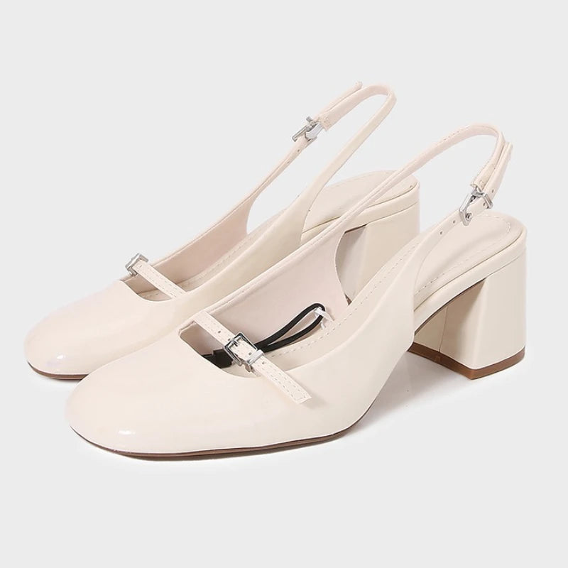 Luxury Round Toe Chunky Pumps Women Summer Slingback Design High Heeled Sandals Fashion Buckle Lightweight Mary Janes Mule Shoes