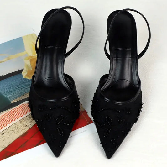 Black Mesh Embroidery Women Pumps Sexy Pointed Toe String Bead High Heels Summer Elegant Party Designer Shoes Heeled Sandals