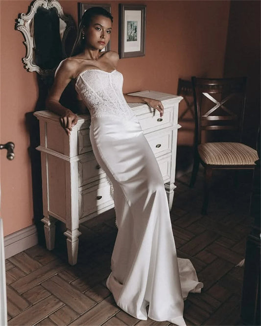 Modern Sweethart Lace Satin Mermaid Wedding Dresses Sweep Train Custom Made 2025 Vestido De Noival