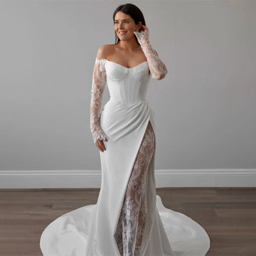 Customized Sweetheart 3/4 Lace Sleeve Front Split Mermaid Wedding Dress Backless Zipper Buttons Evening Gown Sexy Bridal Dress