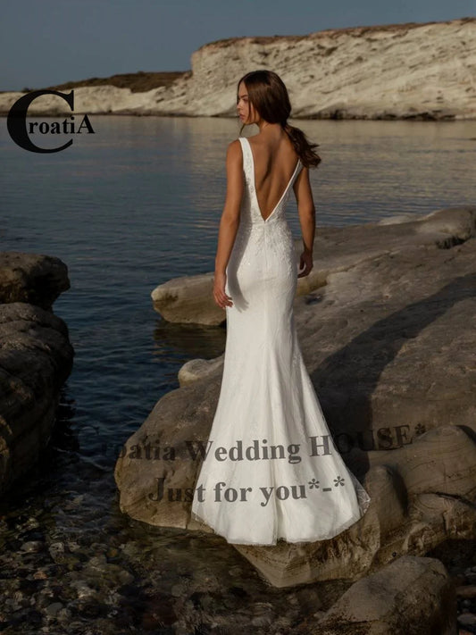 Croatia Fancy Backless Wedding Dresses for Bride Mermaid Satin Appliques Deep V Neck Detachable Train Robe De Mariee Customized