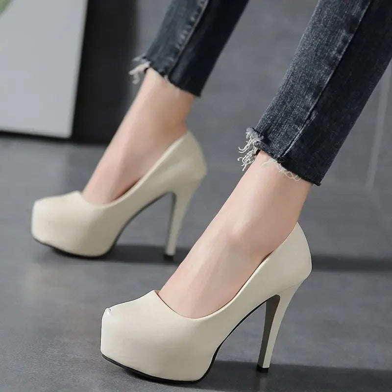 Women's Professional Work Shoes High Heels 12cm Waterproof Platform Thin Heel Single Shoes Comfortable round Toe Polyurethane