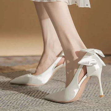 White High Heels Women's Thin Heel Pointed Toe Single Shoes New 2025 Wedding Shoes Butterfly Knot Satin Maids Dress Shoes
