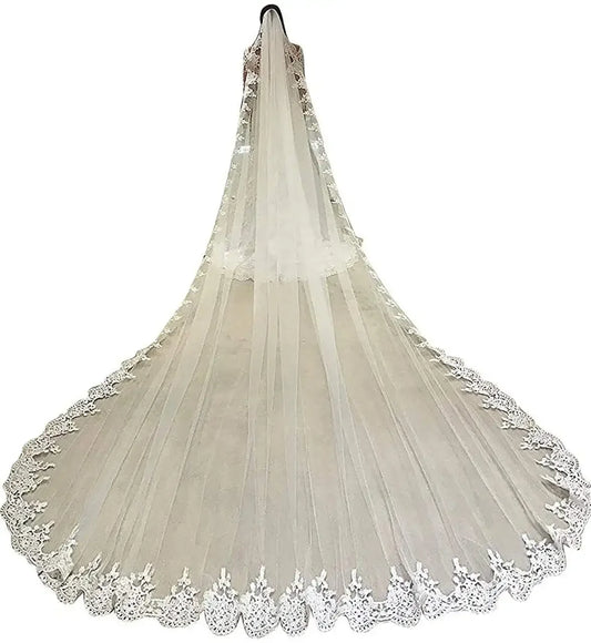 White Ivory Long Full Edge Lace Wedding Veil One Layer Tulle Bridal Veil with Comb Wedding Accessories Veu Velo Noiva