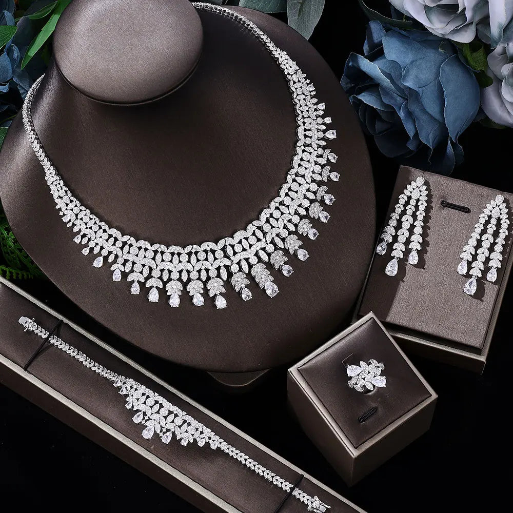 Hot selling 4-piece Bride Wedding Jewelry Set with Cubic Zirconia Dubai Luxury Jewelry Set