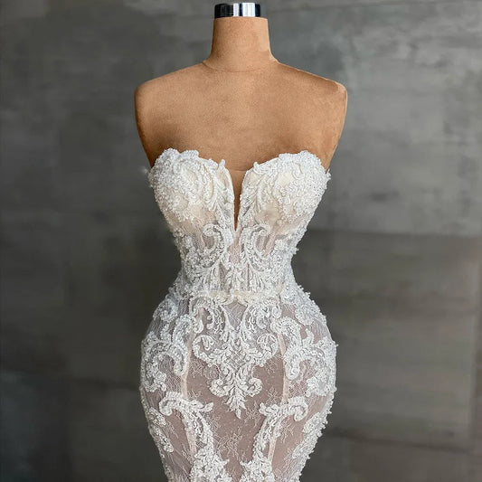 Flavinke Customized Mermaid Lace Ivory Wedding Gown Strapless Wedding Dresses Sleeveless Wedding Dresses Bride robe de mariée