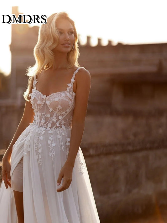 Romantic Spaghetti-Strap Wedding Dresses Classic Appliquéd Bridal Gowns Charming A-Line Floor-Length Wedding Gowns Vestidos De N