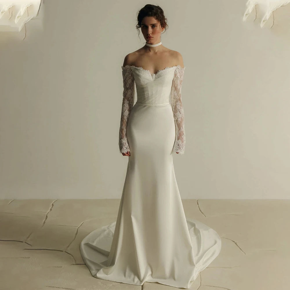 Popular Long Sleeves  Sweethart Lace Sheath Wedding Dresses Sweep Train Custom Made 2026 Vestido De Noival