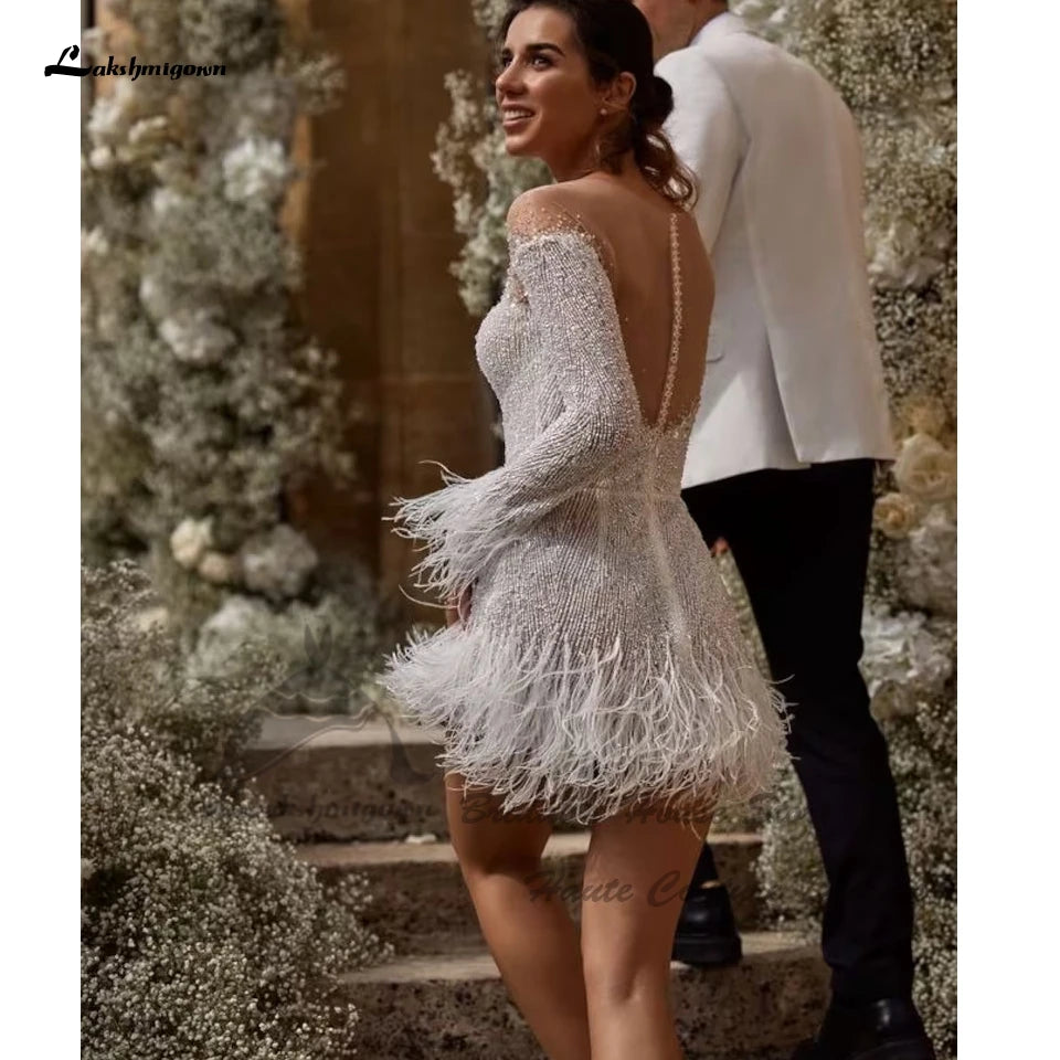 Lakshmigown Luxury Short Wedding Dresses Feather Long Sleeve 2024 Vestidos Cortos Customized Beach Bridal Gowns Illusion Back