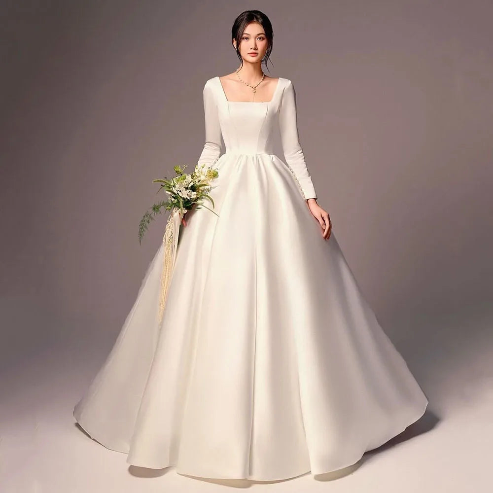 Elegant Wedding Dress Women Customized Satin Wedding Gown Long Sleeve Square Neck Backless A-Line Bridal Dress Formal Outfit