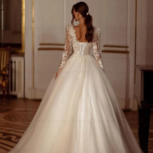ANGEL Luxury Shiny Long Sleeves Wedding Dress 2025 A-Line Lace Up Women Bridal Gown Customized Applique Beading Vestido De Novia
