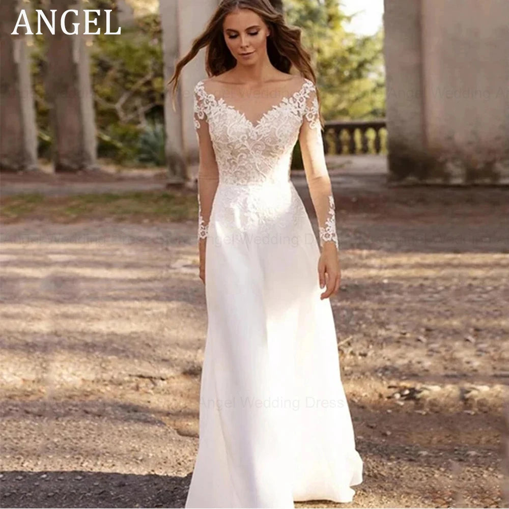 ANGEL Customized Boho Wedding Dresses For Women Vestidos De Noiva Mariage Plus Size Illusion Backless Civil Bridal Party Gowns