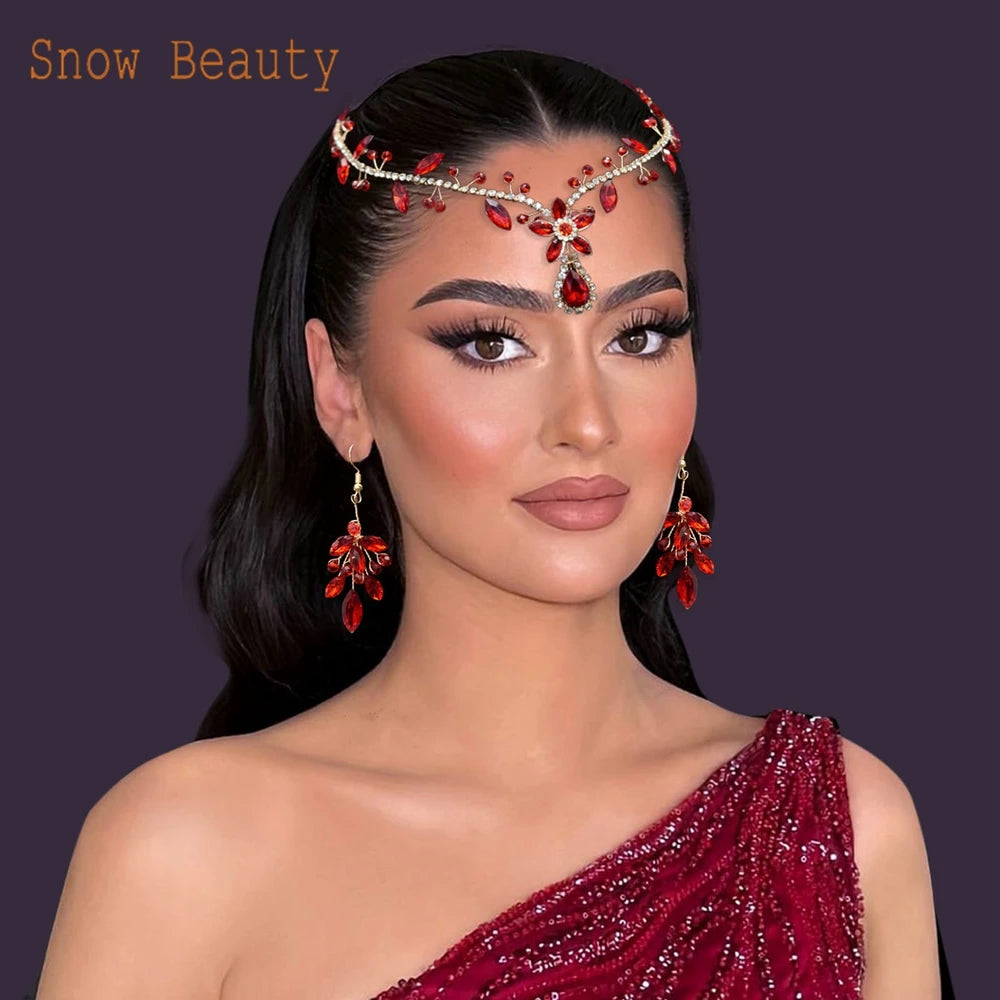 DZ093 Luxury Crystal Forehead Headpiece Red Green Blue Rhinestones Tiara Prom Festival Crystals Headband for Women and Girls