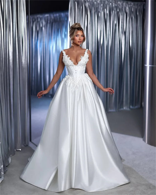 Sexy Two Straps V-neck Lace Applique Bridal Grown A Line Wedding Dresses Custom Made Bridal Grown 2026 Vestido De Noival