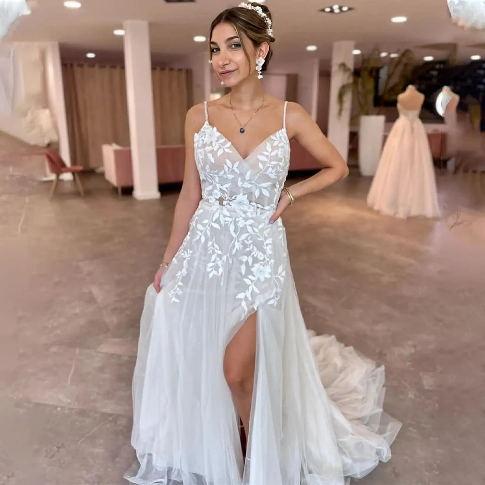 Elegant Two Straps V-neck Lace Wedding Dresses Pleat Side Slit Custom Made 2026 Vestido De Noival