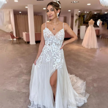 Elegant Two Straps V-neck Lace Wedding Dresses Pleat Side Slit Custom Made 2026 Vestido De Noival