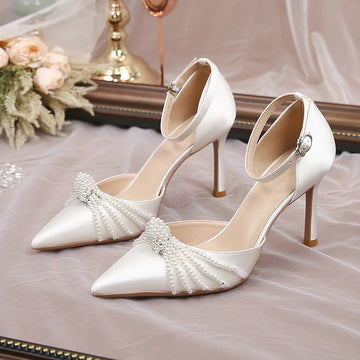 2025 New String Bead Pumps Pointed Thin Heels White Wedding Shoes Bridesmaid High Heels Sexy Satin Single Shoes