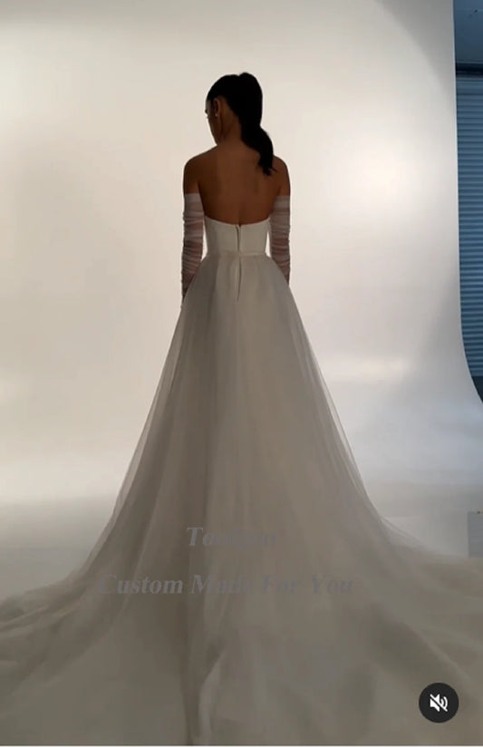 Mermaid Satin Bride Wedding Dresses Tulle Skirt Detachable Long Sleeves Bridal Wedding Party Gowns Formal Party Dress Customized