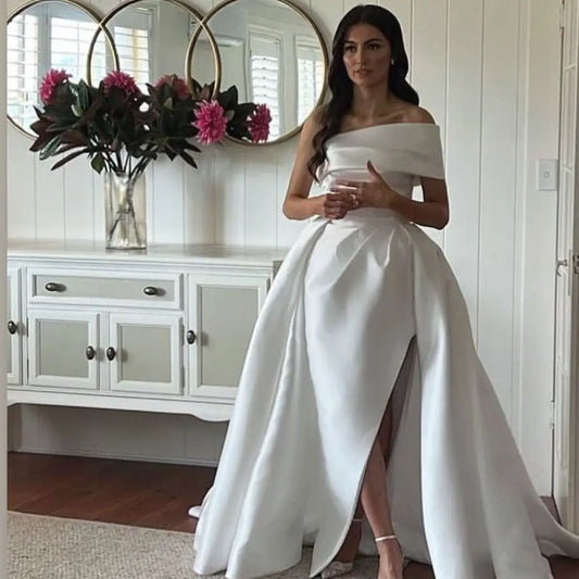 Luruxious One Shoulder Sheath Satin Wedding Dresses With Detachable Train Custom Made Bridal Grown 2025 Rode De Morrie