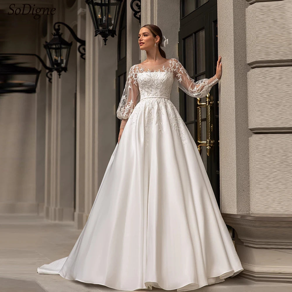 SoDigne A-line Satin Wedding Dresses Appliques Full Sleeves O-neck Bridal Dress Elegant Customized Bride Gown vestidos de novia