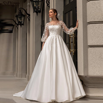 SoDigne A-line Satin Wedding Dresses Appliques Full Sleeves O-neck Bridal Dress Elegant Customized Bride Gown vestidos de novia
