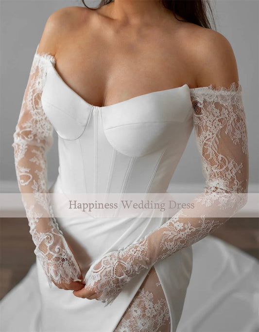 Customized Sweetheart 3/4 Lace Sleeve Front Split Mermaid Wedding Dress Backless Zipper Buttons Evening Gown Sexy Bridal Dress