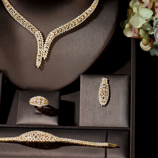 4pcs Bridal Zirconia Full Jewelry Sets For Women Party, Luxury Dubai Nigeria CZ Crystal Wedding Jewelry Sets